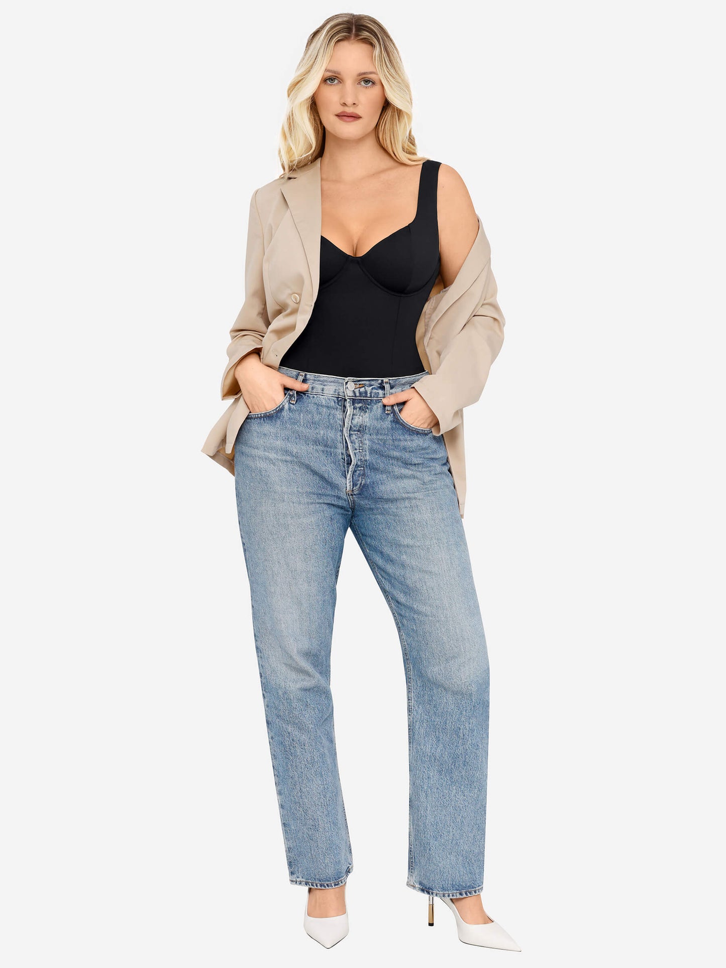 Feelingirl Full Body Wide Strap V-Neck Bodysuit