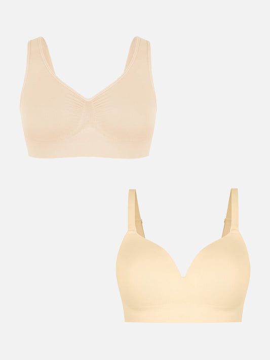 Feelingirl Wire-Free Wide Straps Bra + Push-Up Seamless Bra