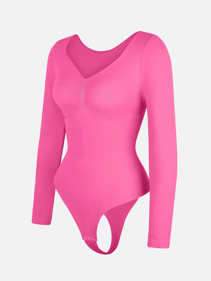 Feelingirl Seamless Long Sleeve Chest Support Tummy Control Thong Bodysuit