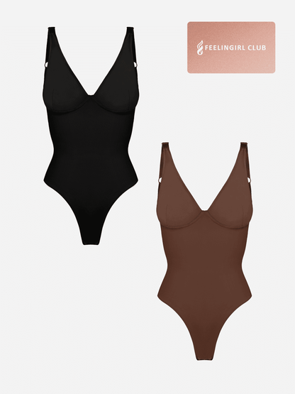 Feelingirl 2-Pack Deep V Neck Tummy Control Shapewear Bodysuit Bundle