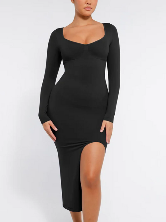 Feelingirl Seamless Long Sleeve Shaper Dress with Removable Pads and High Slit
