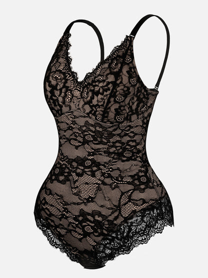 Feelingirl Lace V Neck Full Thong Bodysuit