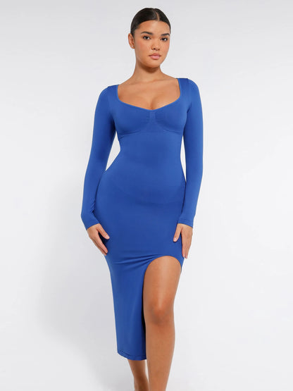 Feelingirl Seamless Long Sleeve Shaper Dress with Removable Pads and High Slit