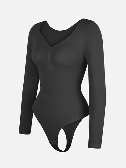 Feelingirl Seamless Long Sleeve Chest Support Tummy Control Thong Bodysuit