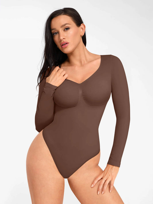 Feelingirl Seamless Long Sleeve Chest Support Tummy Control Thong Bodysuit