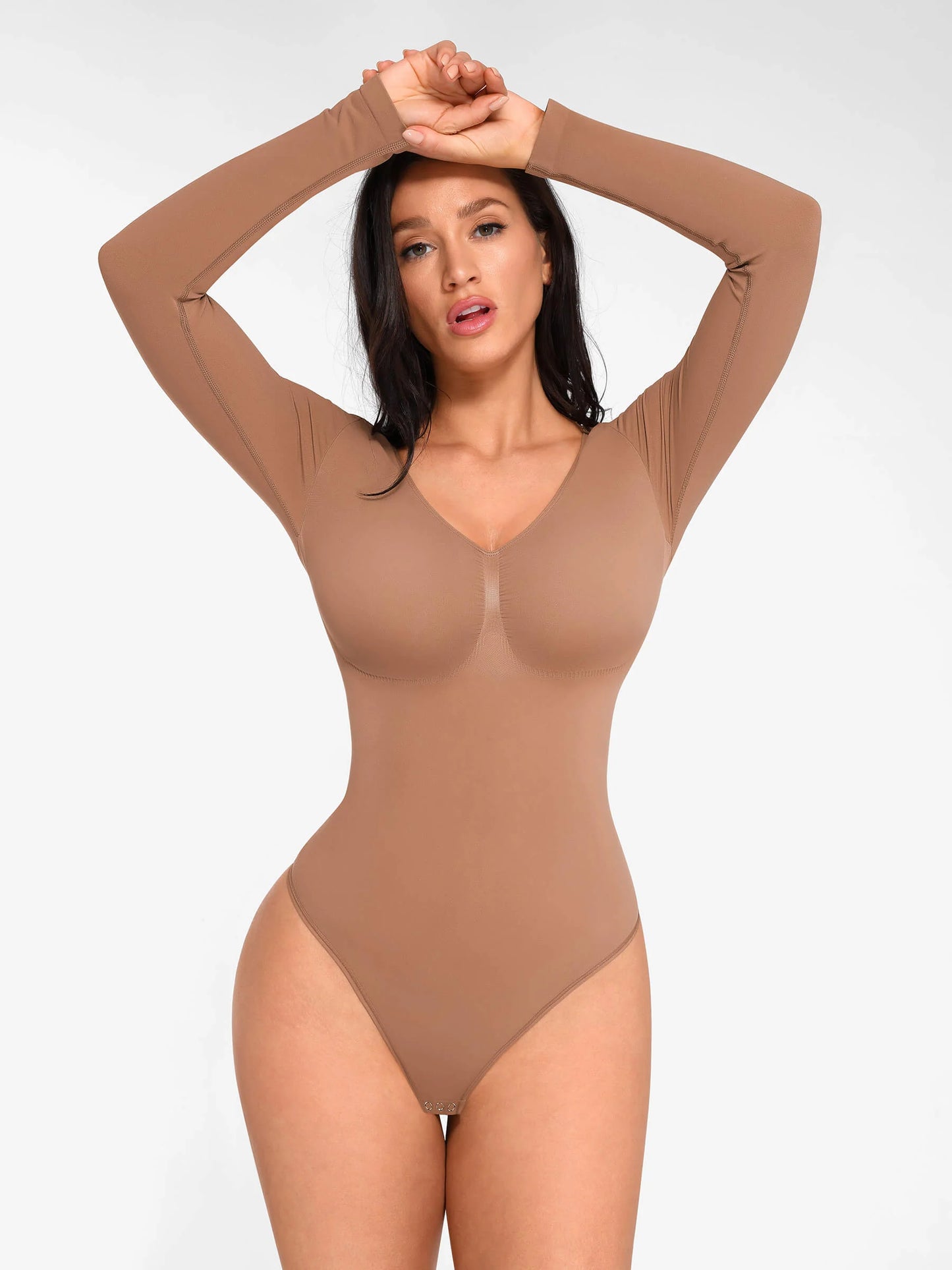 Feelingirl Seamless Long Sleeve Chest Support Tummy Control Thong Bodysuit