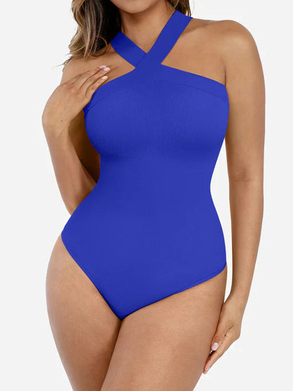 Feelingirl Seamless Crossover Halter Thong Bodysuit Shapewear for Everyday Wear