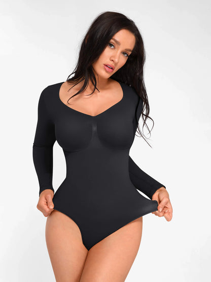 Feelingirl Seamless Long Sleeve Chest Support Tummy Control Thong Bodysuit