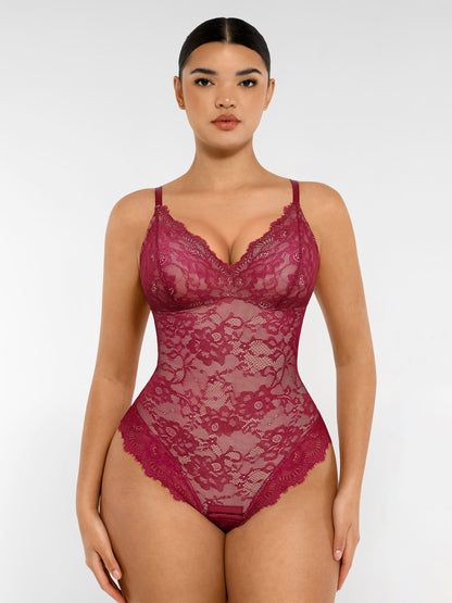Feelingirl Lace V Neck Full Thong Bodysuit
