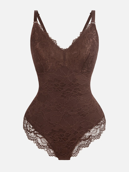 Feelingirl Lace V Neck Full Thong Bodysuit