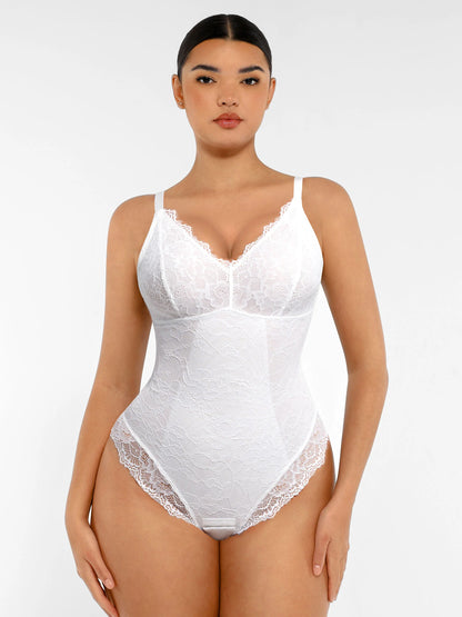 Feelingirl Lace V Neck Full Thong Bodysuit