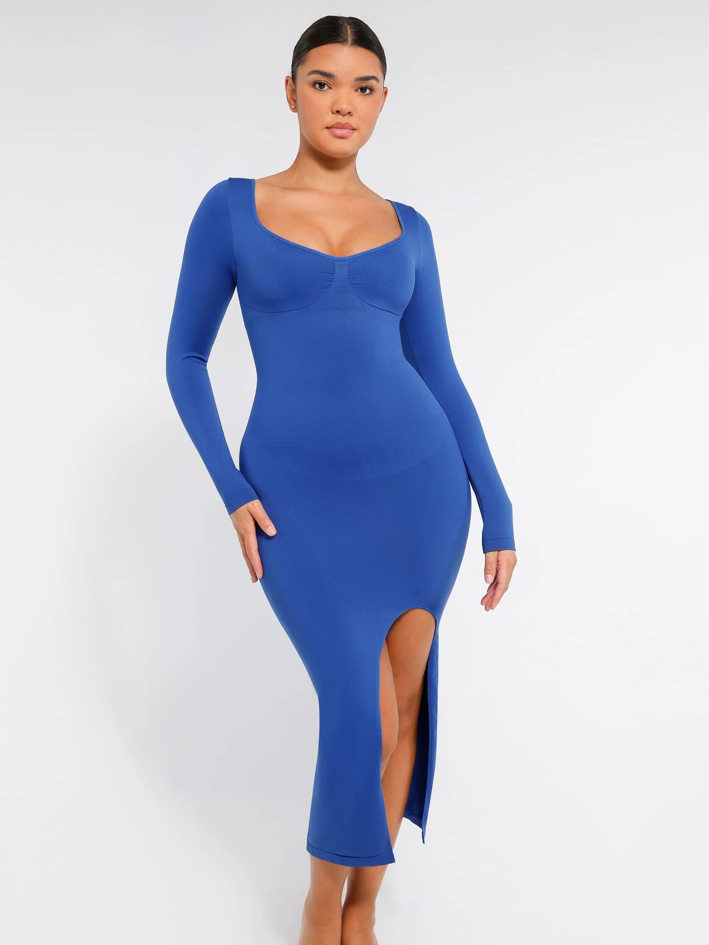 Feelingirl Seamless Long Sleeve Shaper Dress with Removable Pads and High Slit
