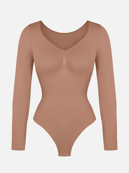 Feelingirl Seamless Long Sleeve Chest Support Tummy Control Thong Bodysuit