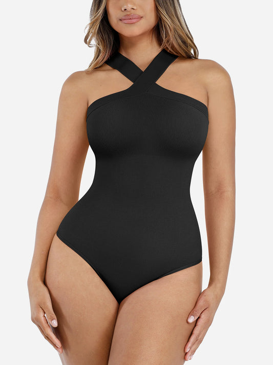 Feelingirl Seamless Crossover Halter Thong Bodysuit Shapewear for Everyday Wear