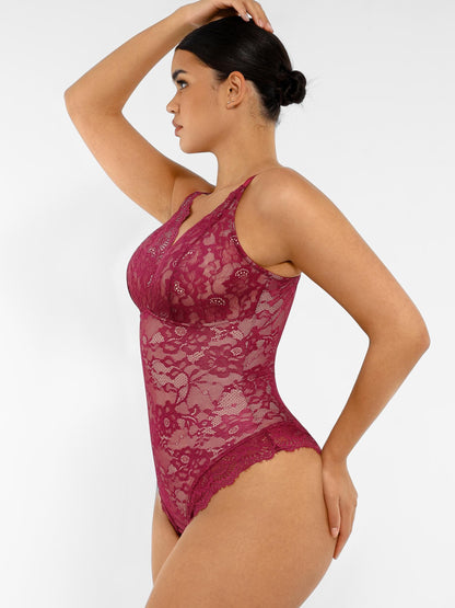 Feelingirl Lace V Neck Full Thong Bodysuit