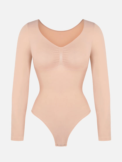 Feelingirl Seamless Long Sleeve Chest Support Tummy Control Thong Bodysuit